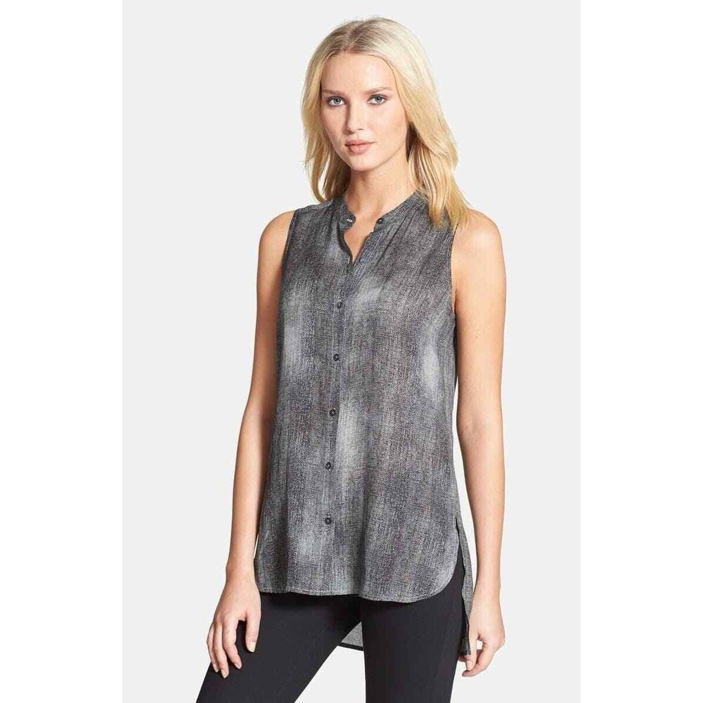 NWT Eileen Fisher Button Down 100% Silk Crepe Mandarin Collar Tank Gray Medium